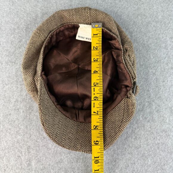 90's Y2K Vintage Nine West Brown/Cream Tweed Herringbone Newsboy Cap - Picture 6 of 7